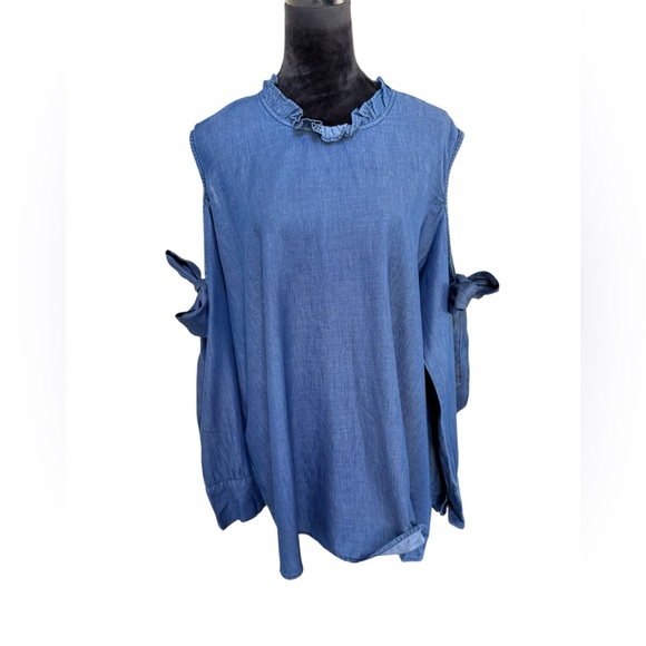 Ashley Stewart Denim Blue Cold shoulder  Blouse Size 12, - Picture 1 of 7